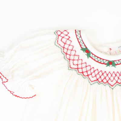Smocked Christmas Holly Geo Bishop - White Corduroy