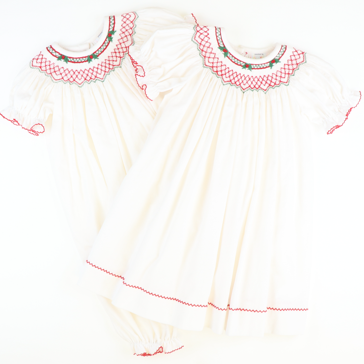 Smocked Christmas Holly Geo Girl Long Bubble - White Corduroy