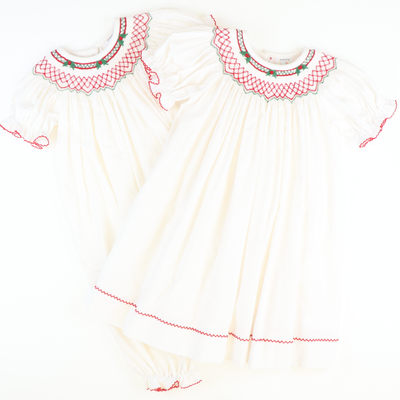 Smocked Christmas Holly Geo Girl Long Bubble - White Corduroy