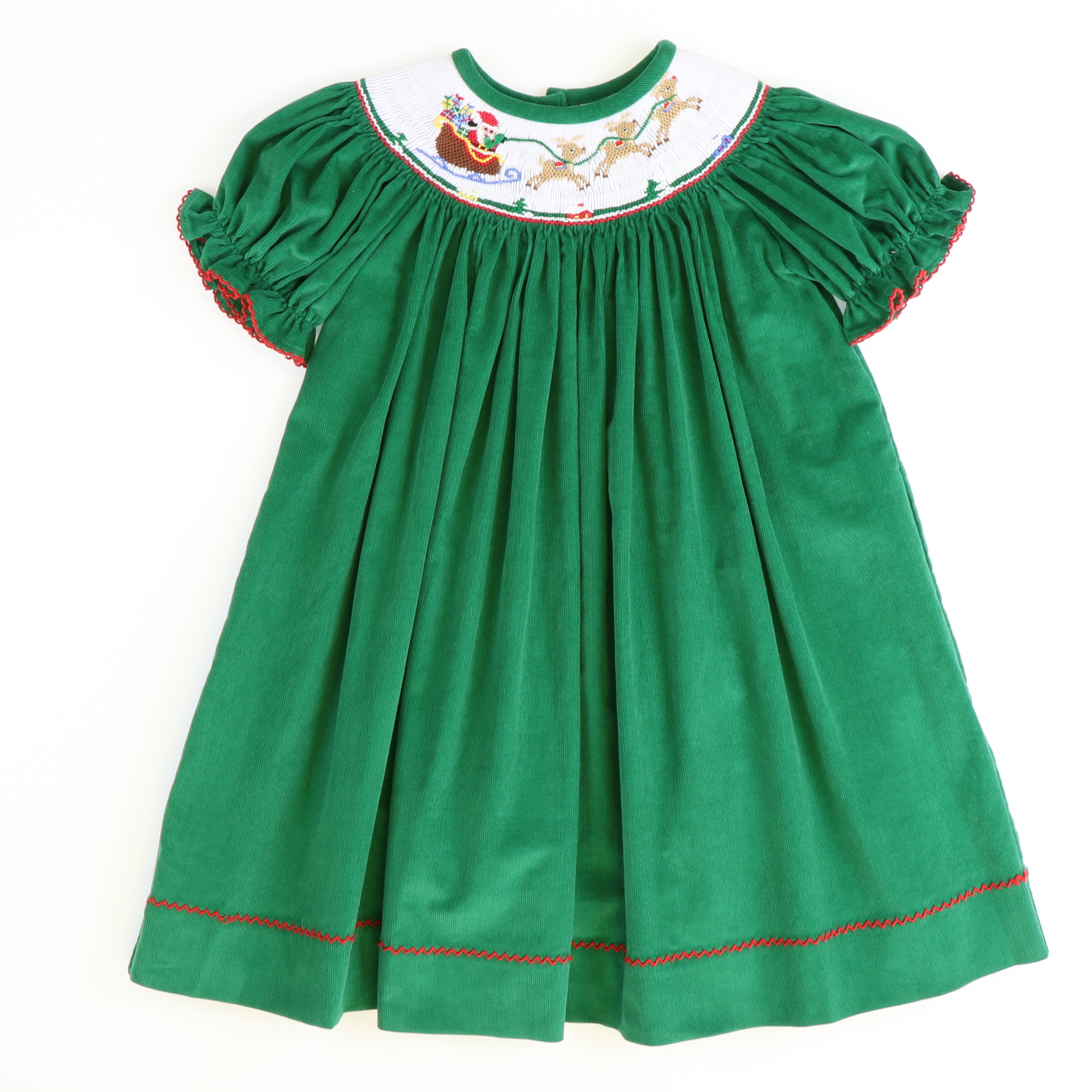 Smocked Santa & Reindeer Bishop - Christmas Green Corduroy