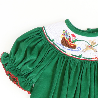 Smocked Santa & Reindeer Girl Long Bubble - Christmas Green Corduroy