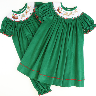 Smocked Santa & Reindeer Girl Long Bubble - Christmas Green Corduroy