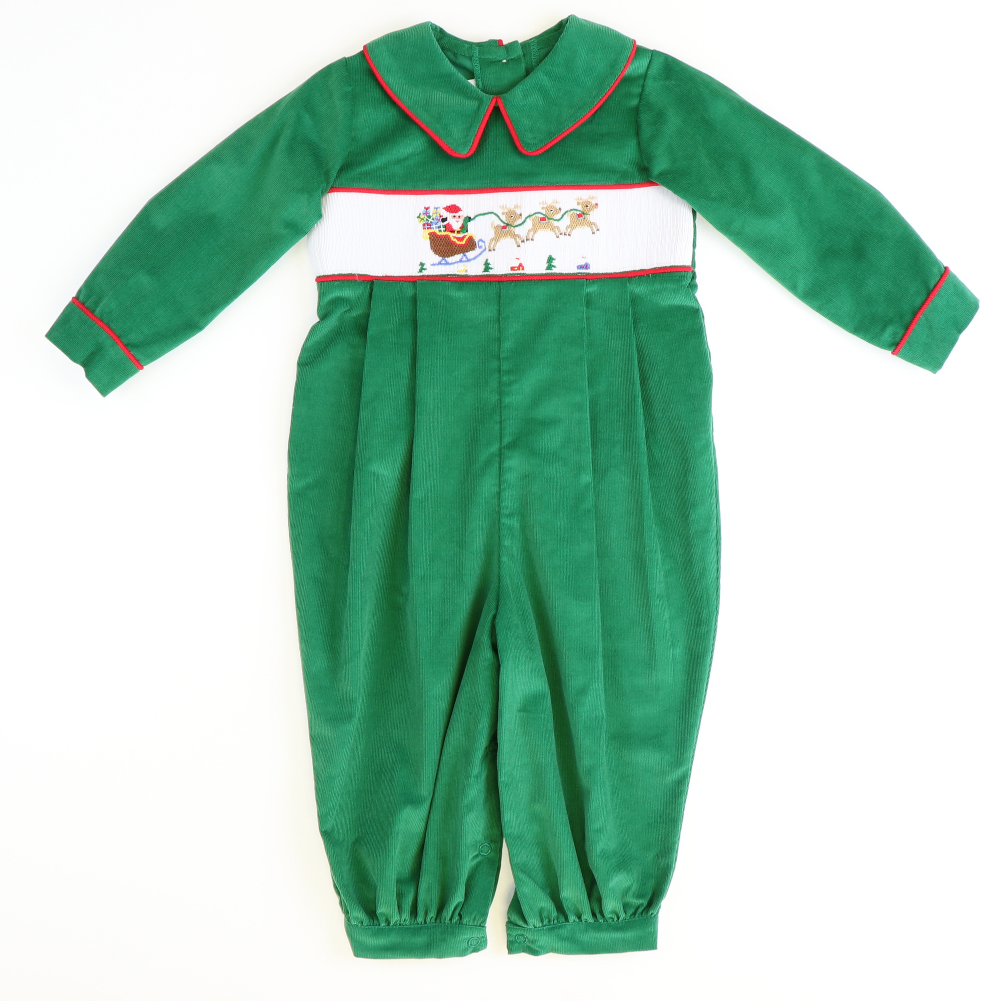 Smocked Santa & Reindeer Collared Boy Long Bubble - Christmas Green Corduroy