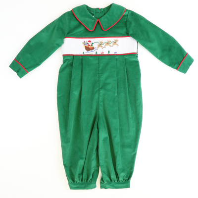 Smocked Santa & Reindeer Collared Boy Long Bubble - Christmas Green Corduroy