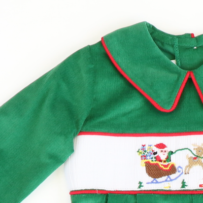 Smocked Santa & Reindeer Collared Boy Long Bubble - Christmas Green Corduroy