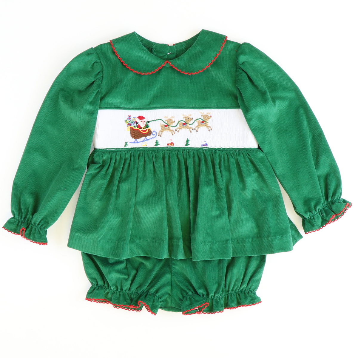 Smocked Santa & Reindeer Collared Top & Bloomer Set - Christmas Green Corduroy - Stellybelly