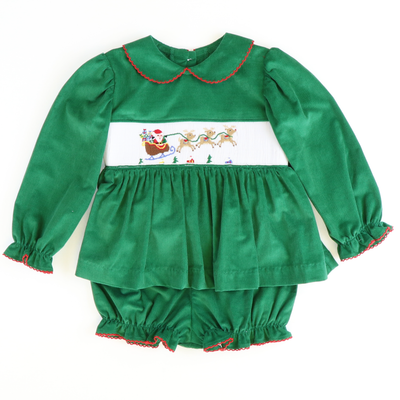 Smocked Santa & Reindeer Collared Top & Bloomer Set - Christmas Green Corduroy - Stellybelly