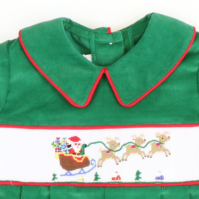 Smocked Santa & Reindeer Collared Boy Long Bubble - Christmas Green Corduroy