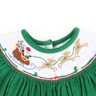 Smocked Santa & Reindeer Girl Long Bubble - Christmas Green Corduroy