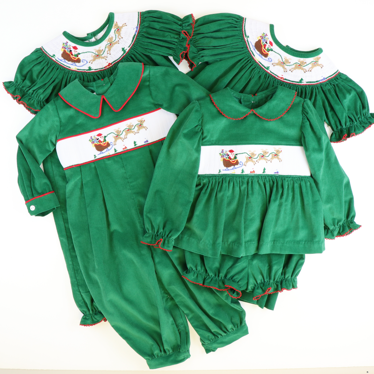 Smocked Santa & Reindeer Girl Long Bubble - Christmas Green Corduroy