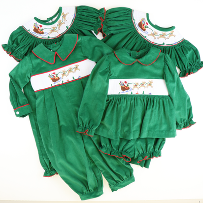 Smocked Santa & Reindeer Girl Long Bubble - Christmas Green Corduroy
