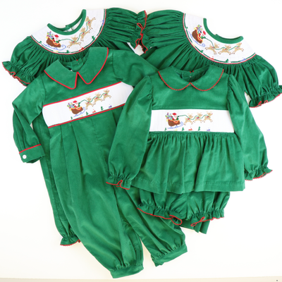 Smocked Santa & Reindeer Bishop - Christmas Green Corduroy
