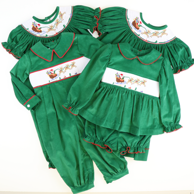 Smocked Santa & Reindeer Collared Top & Bloomer Set - Christmas Green Corduroy - Stellybelly
