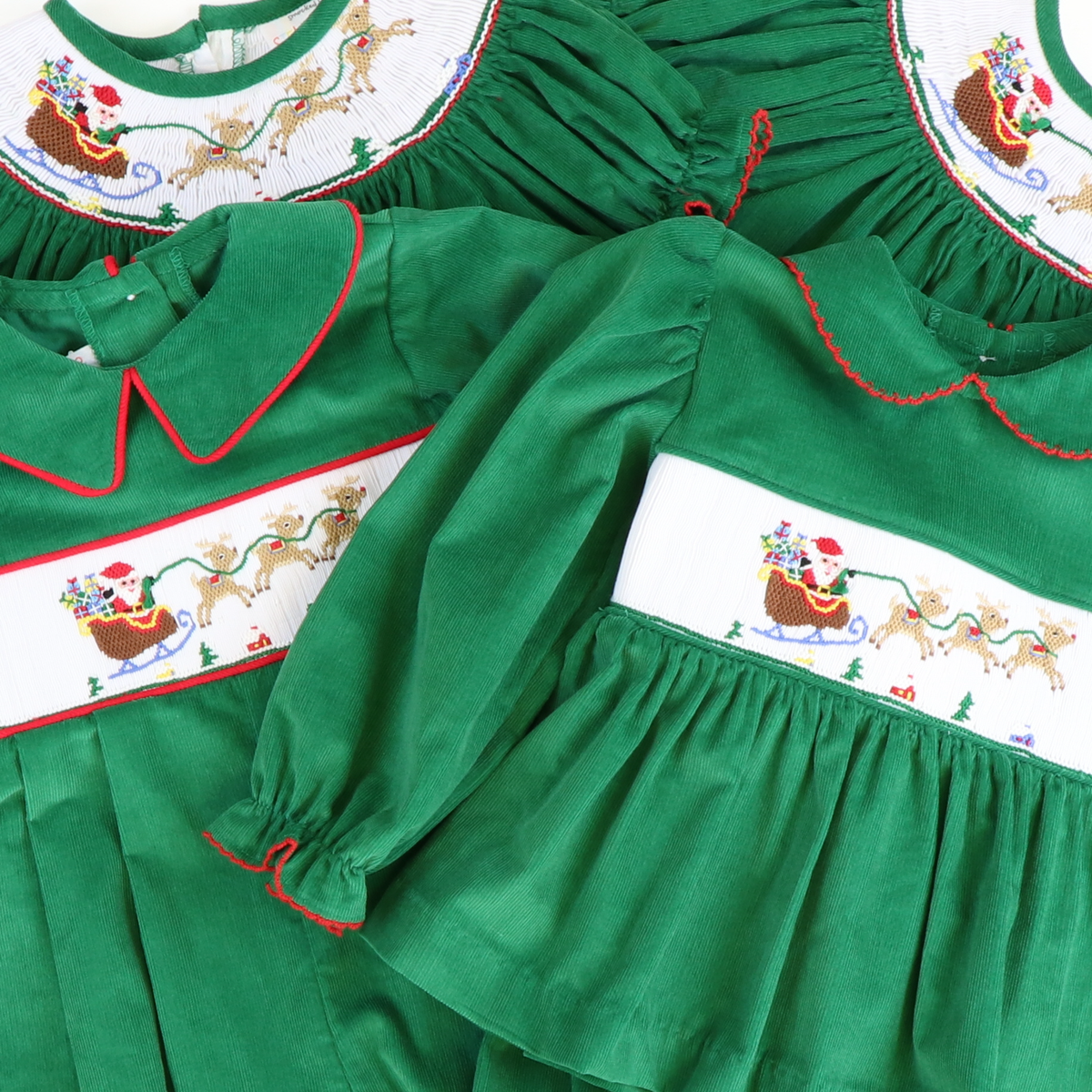 Smocked Santa & Reindeer Collared Top & Bloomer Set - Christmas Green Corduroy - Stellybelly