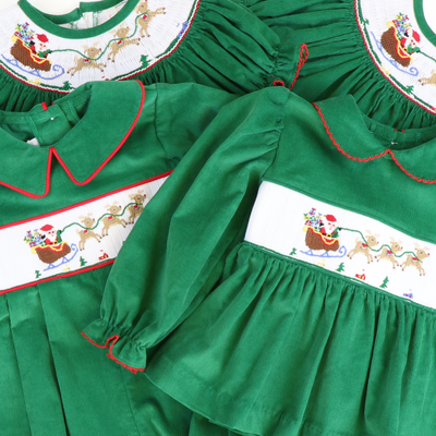Smocked Santa & Reindeer Collared Top & Bloomer Set - Christmas Green Corduroy - Stellybelly