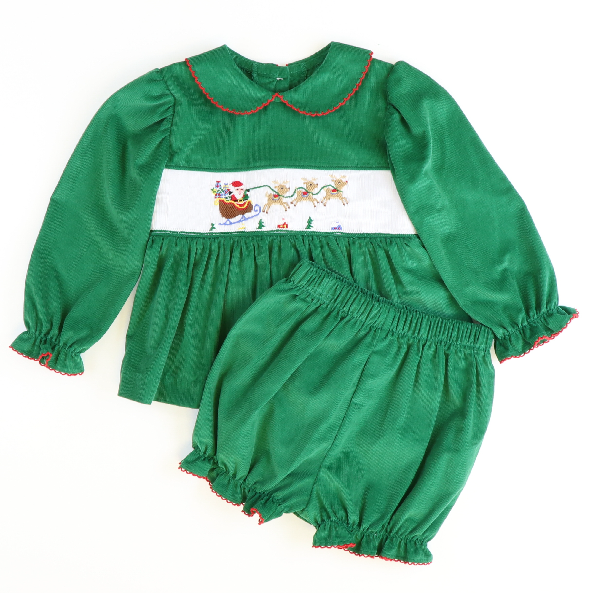 Smocked Santa & Reindeer Collared Top & Bloomer Set - Christmas Green Corduroy - Stellybelly