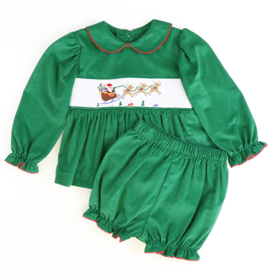 Smocked Santa & Reindeer Collared Top & Bloomer Set - Christmas Green Corduroy - Stellybelly