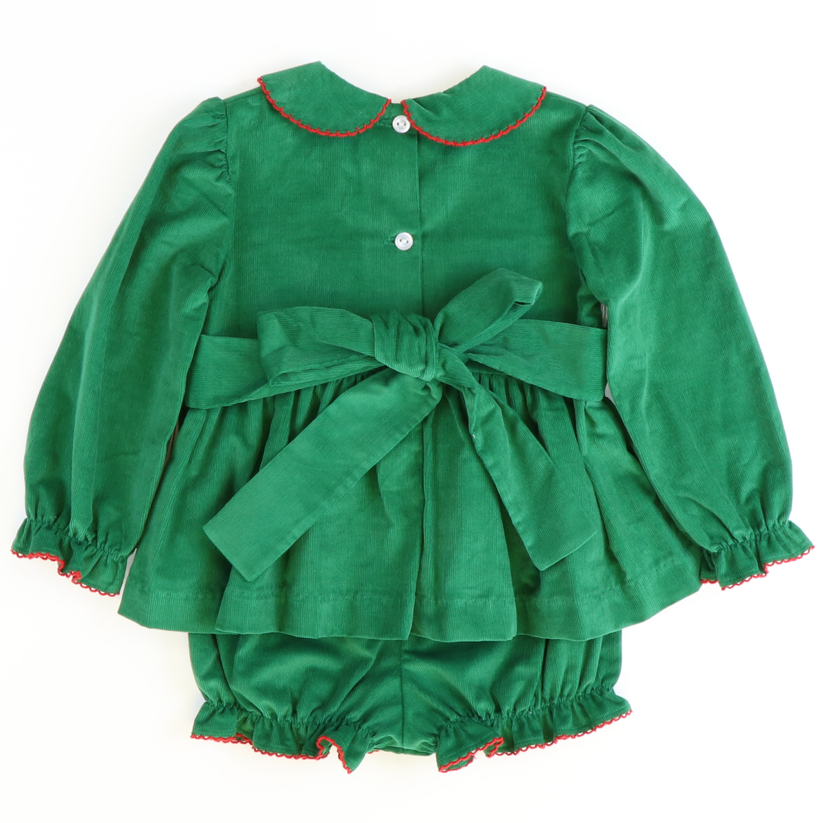 Smocked Santa & Reindeer Collared Top & Bloomer Set - Christmas Green Corduroy - Stellybelly