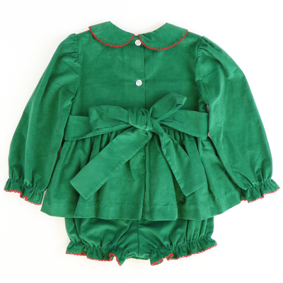 Smocked Santa & Reindeer Collared Top & Bloomer Set - Christmas Green Corduroy - Stellybelly