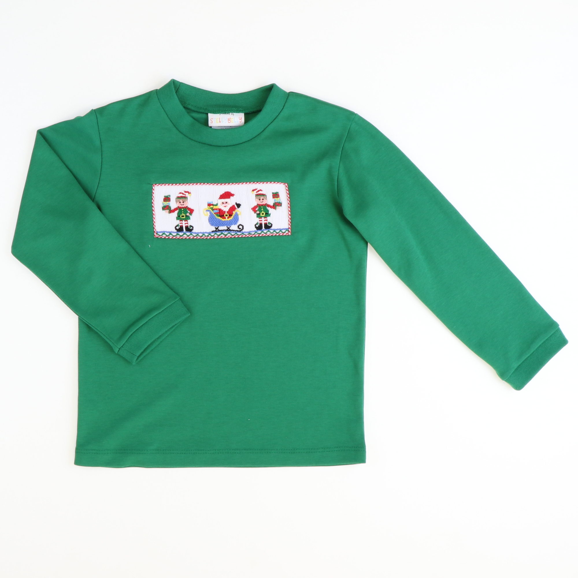 Smocked Santa & Elves Long Sleeve Shirt - Christmas Green Knit - Stellybelly