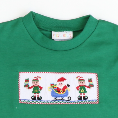 Smocked Santa & Elves Long Sleeve Shirt - Christmas Green Knit - Stellybelly
