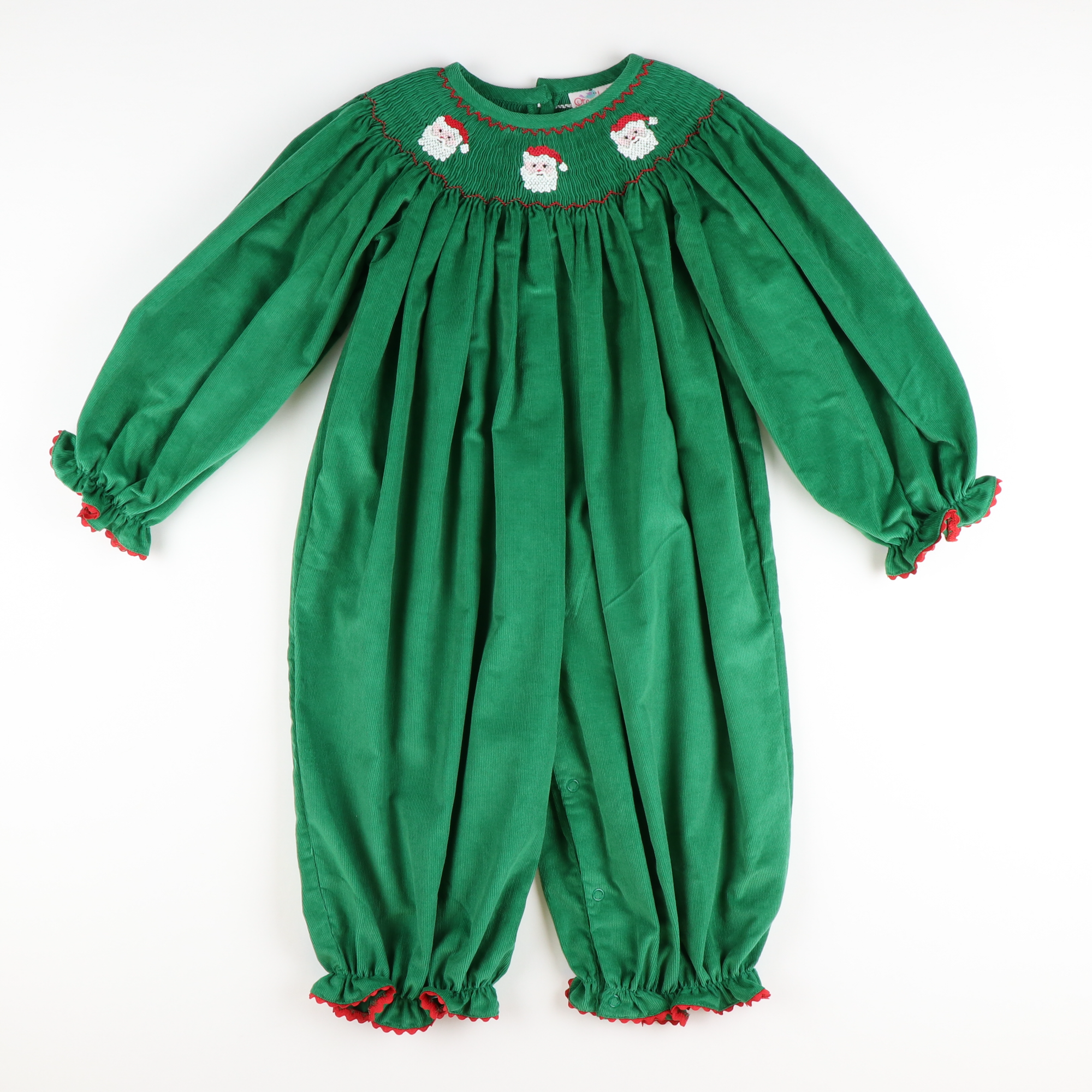 Smocked Santa Faces Long Sleeve Girl Long Bubble - Christmas Green Corduroy