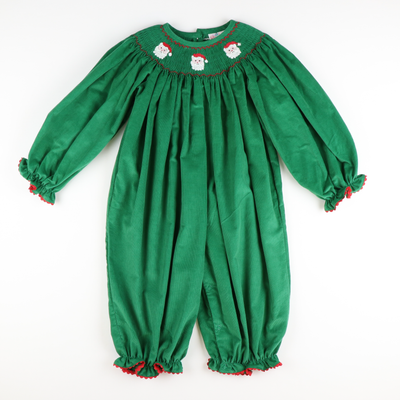 Smocked Santa Faces Long Sleeve Girl Long Bubble - Christmas Green Corduroy