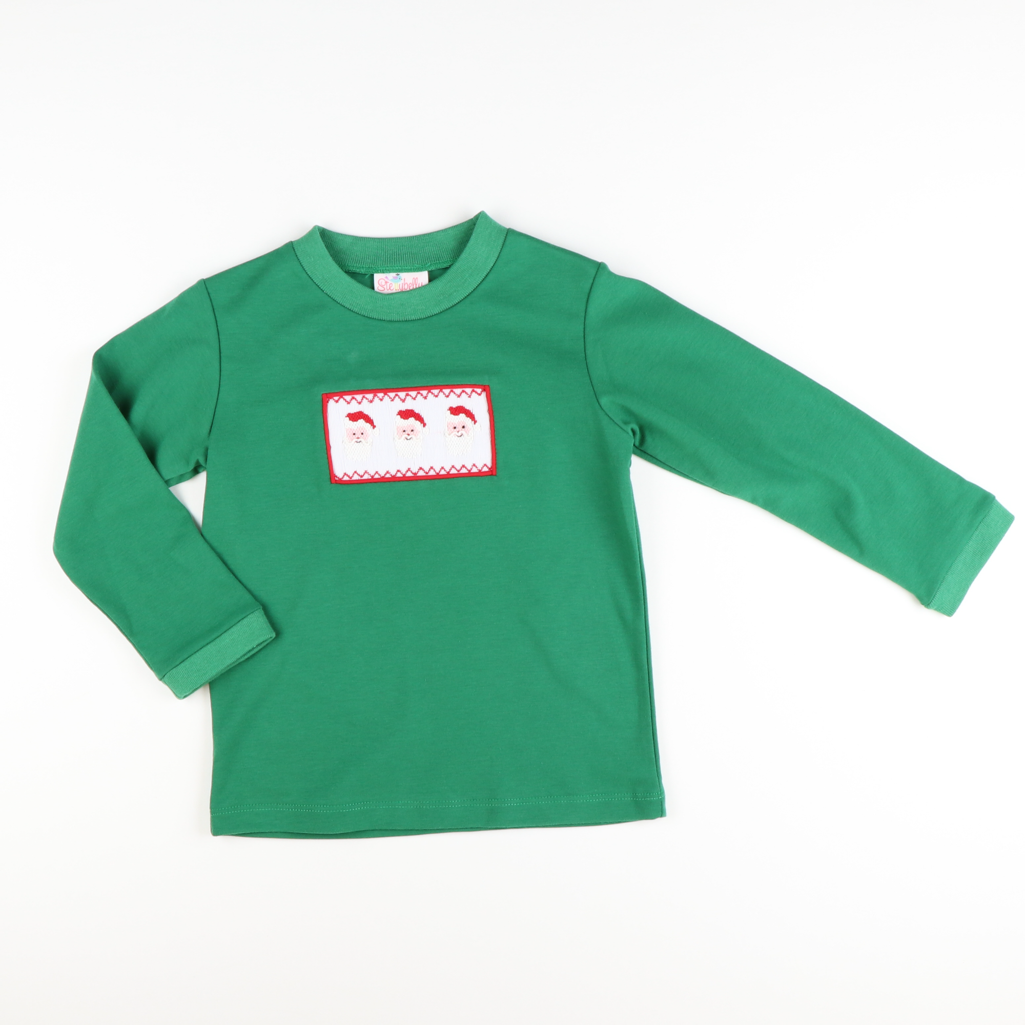 Smocked Santa Faces Long Sleeve Shirt - Christmas Green Knit