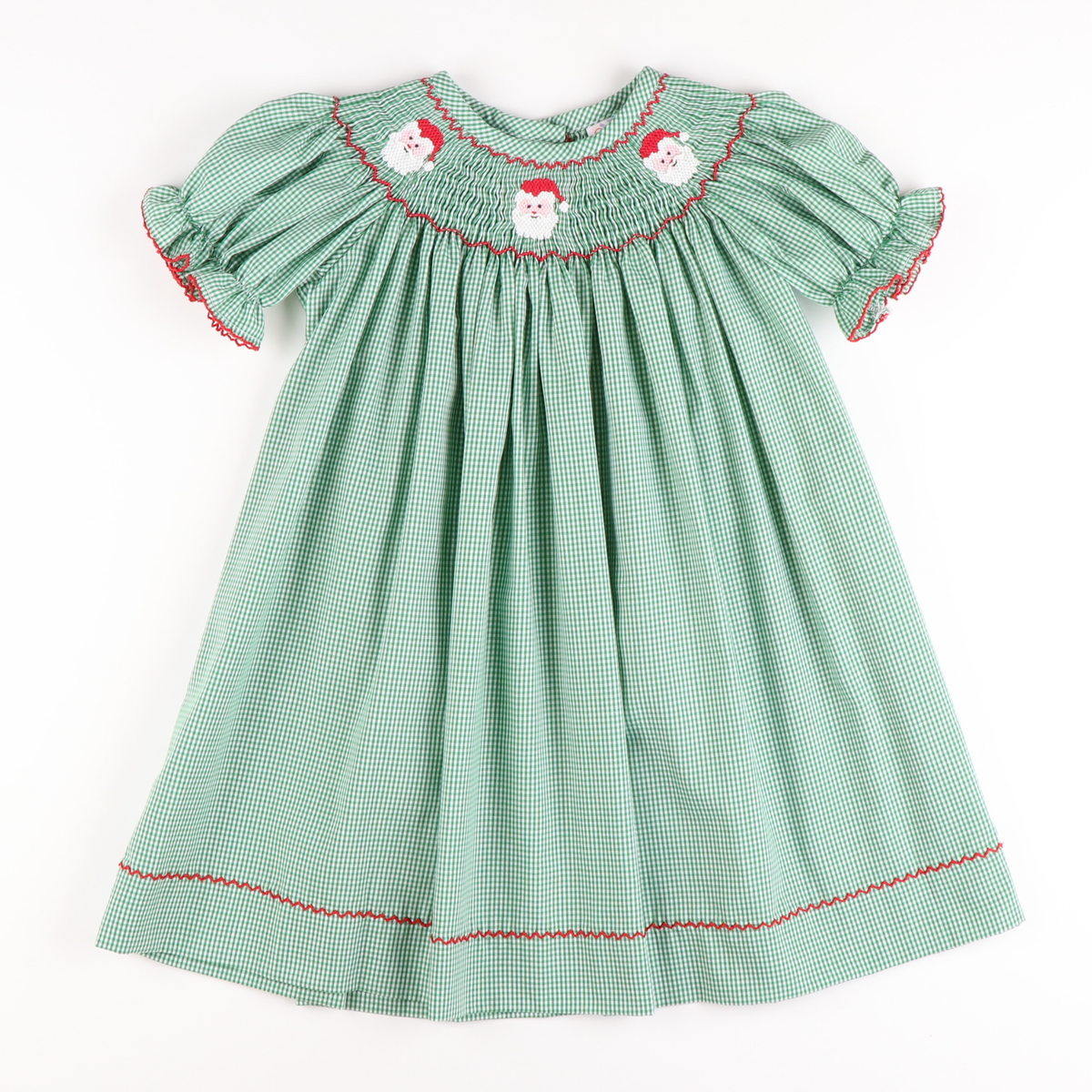 Smocked Santa Faces Bishop - Christmas Green Mini-Gingham
