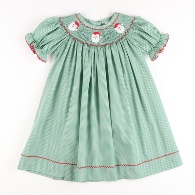 Smocked Santa Faces Bishop - Christmas Green Mini-Gingham