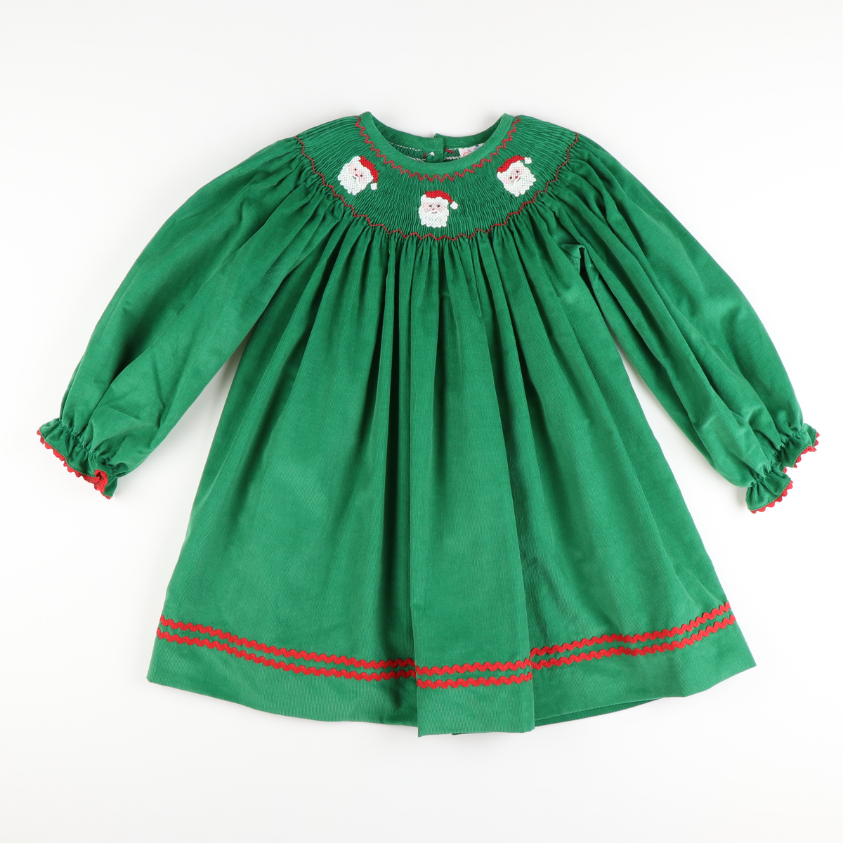 Smocked Santa Faces Long Sleeve Bishop - Christmas Green Corduroy