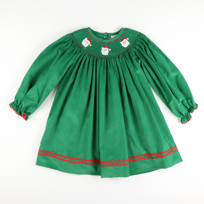 Smocked Santa Faces Long Sleeve Bishop - Christmas Green Corduroy