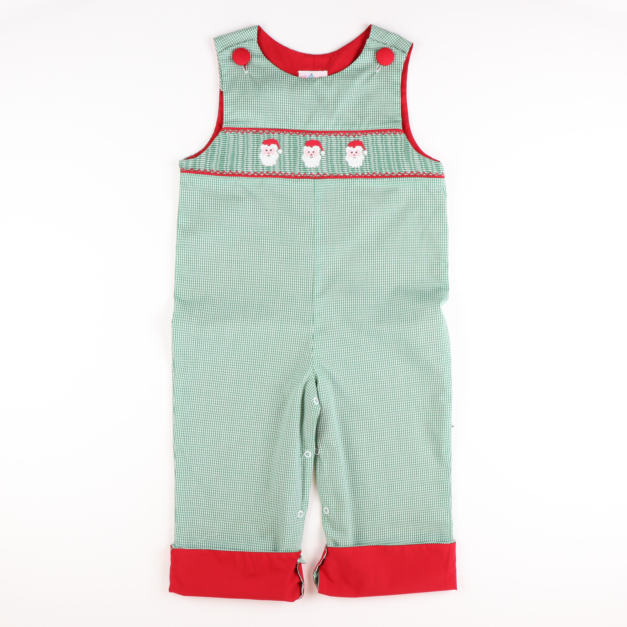 Smocked Santa Faces Longall - Christmas Green Mini-Gingham