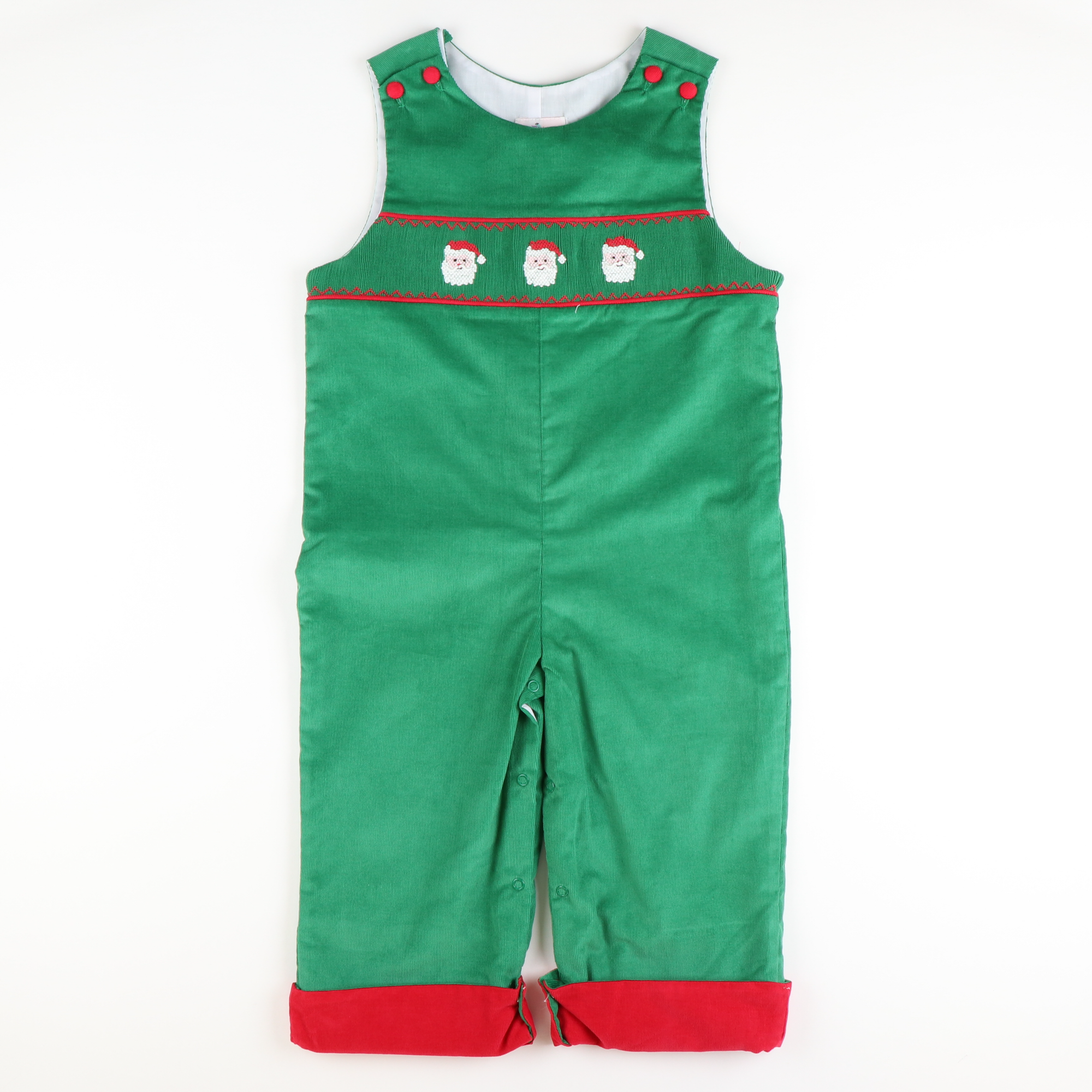 Smocked Santa Faces Longall - Christmas Green Corduroy