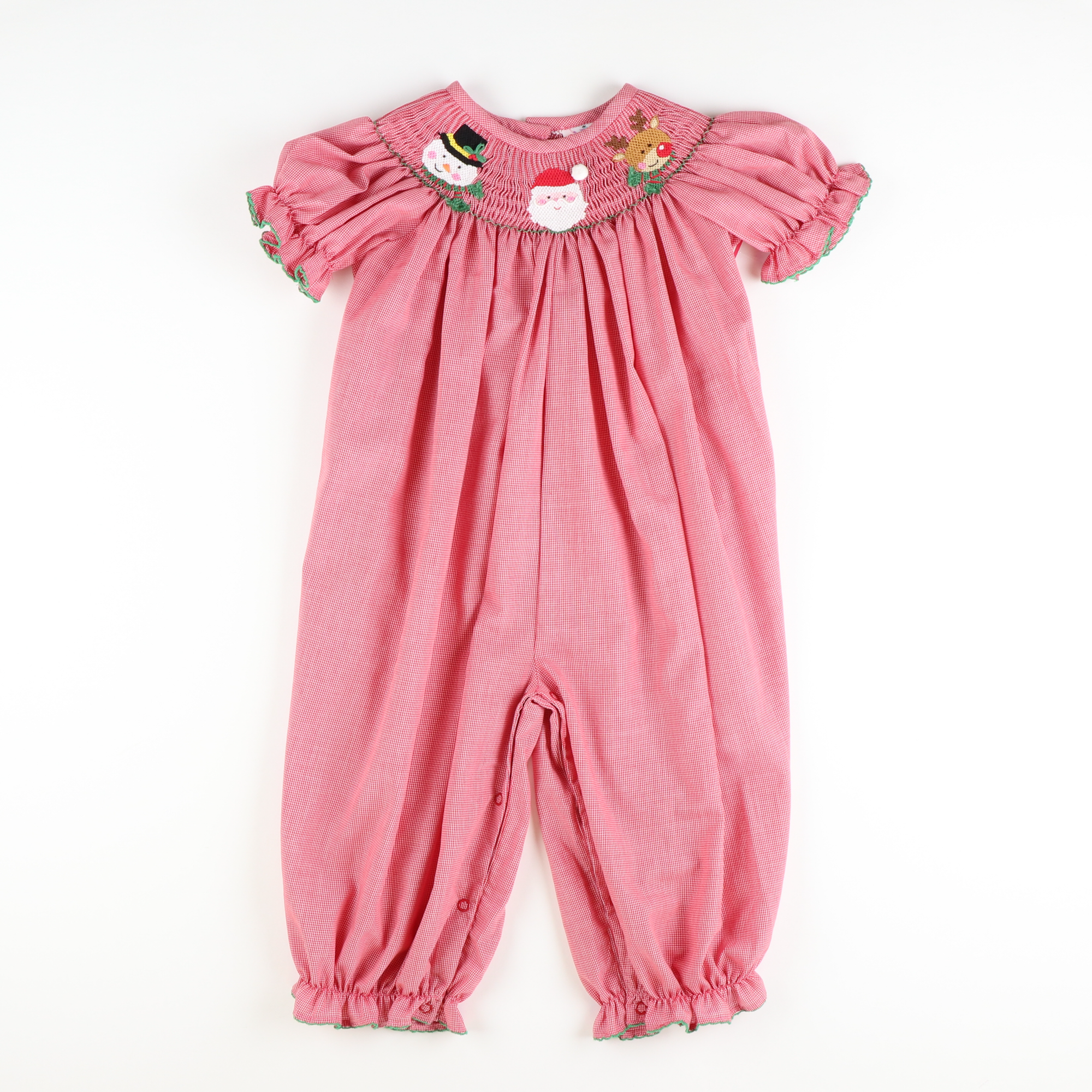 Smocked Christmas Friends Girl Long Bubble - Red Micro-Gingham
