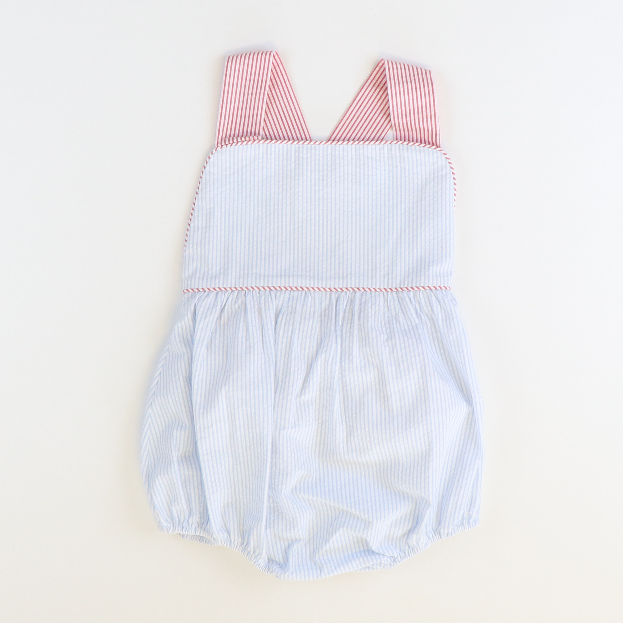 Cross Back Boy Bubble - Light Blue Stripe Seersucker