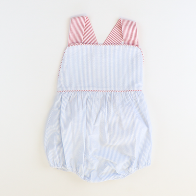 Cross Back Boy Bubble - Light Blue Stripe Seersucker