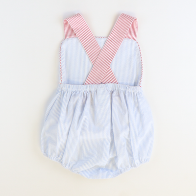 Cross Back Boy Bubble - Light Blue Stripe Seersucker