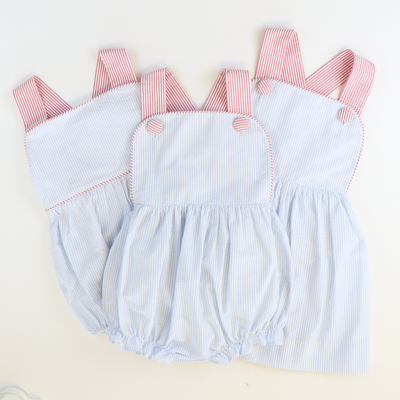 Cross Back Boy Bubble - Light Blue Stripe Seersucker
