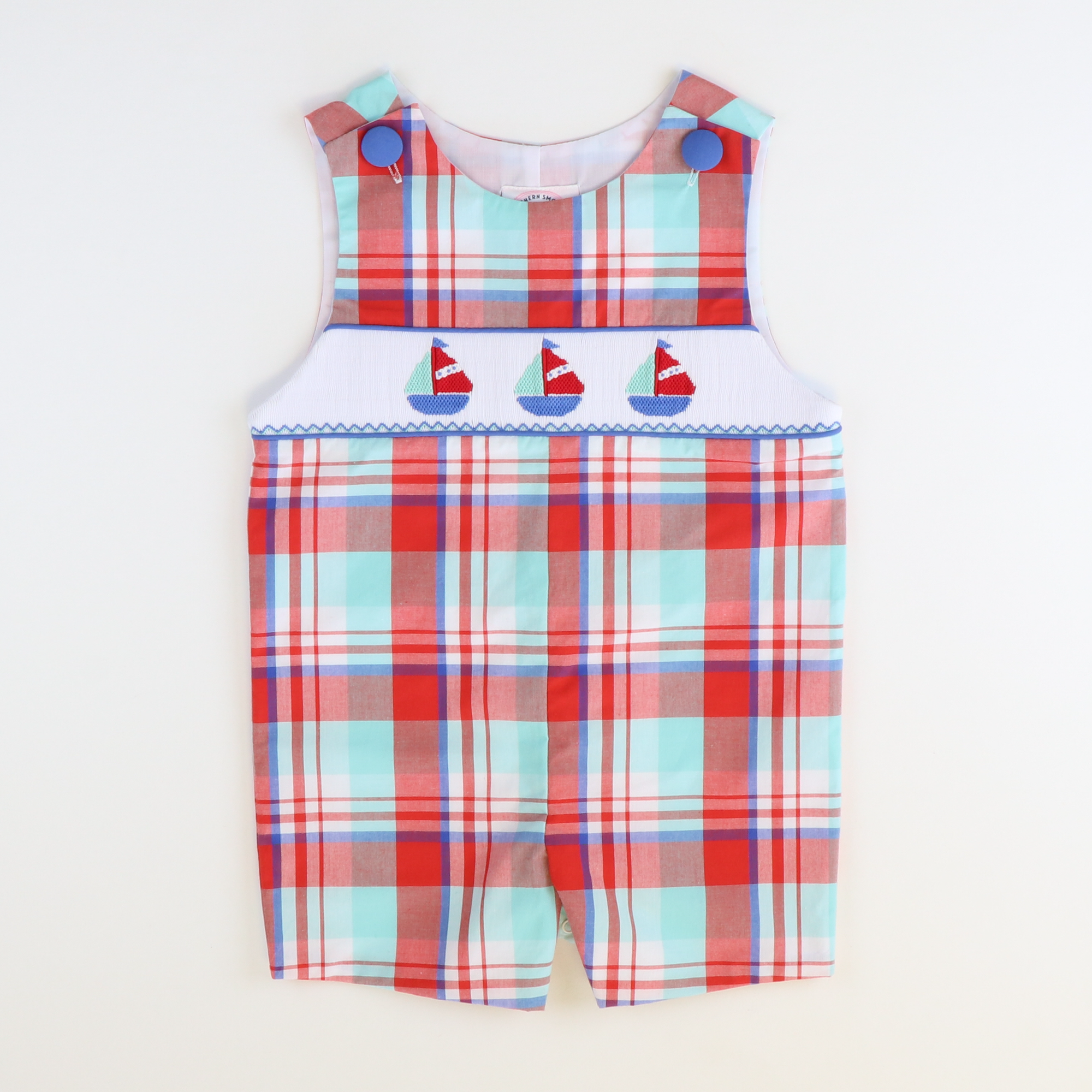 Smocked Sailboats Shortall - Regatta Plaid
