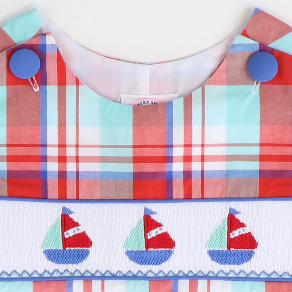 Smocked Sailboats Shortall - Red, Blue, & Turquoise Plaid - Stellybelly