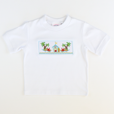 Smocked Crab Island Short Sleeve White Knit Shirt