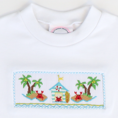Smocked Crab Island Short Sleeve White Knit Shirt - Stellybelly