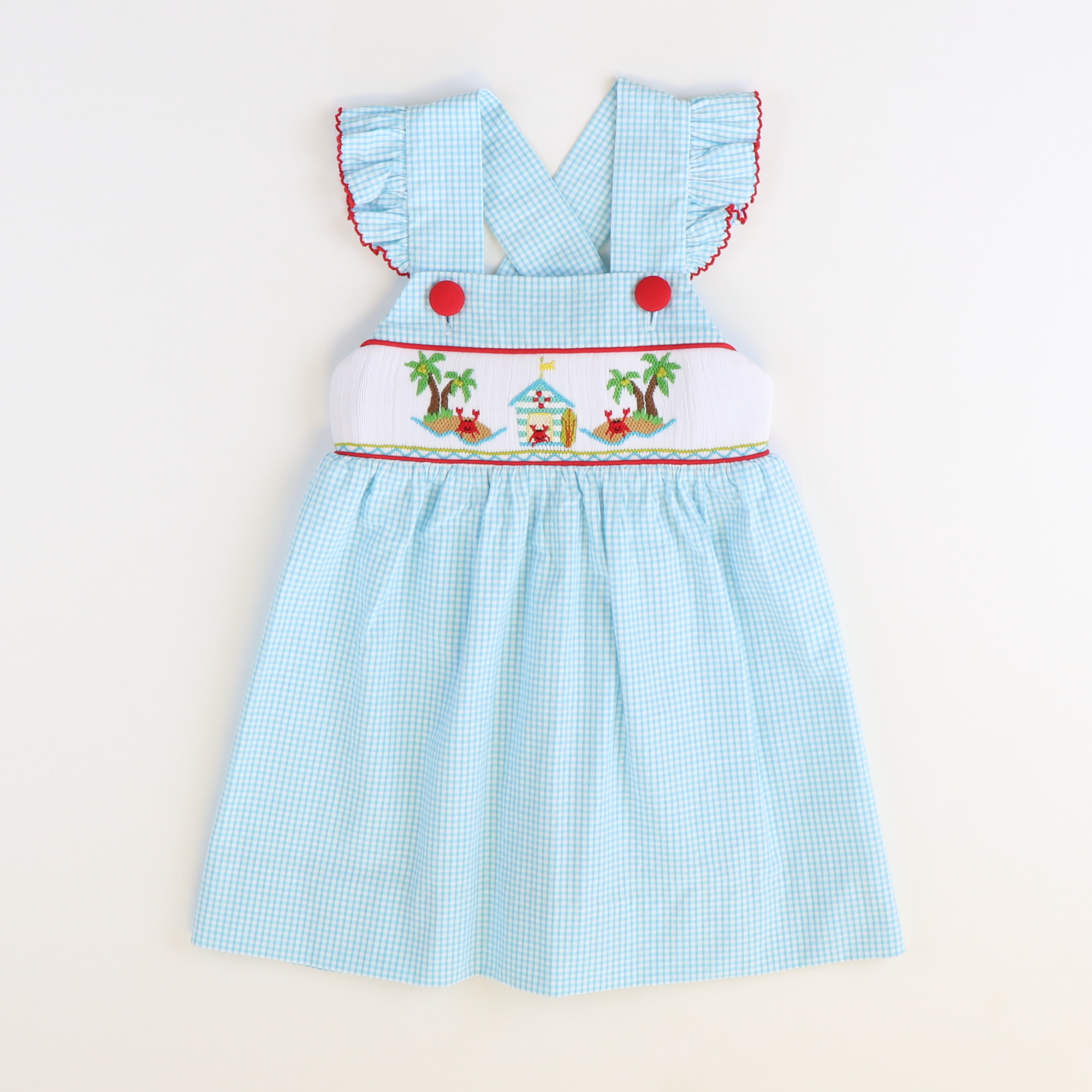 Smocked Crab Island Angel Wing Dress - Sky Check Seersucker - Stellybelly