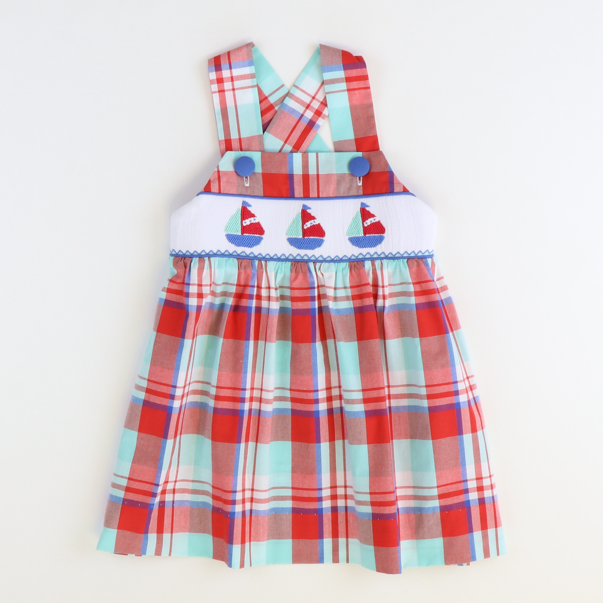 Smocked Sailboats Dress - Red, Blue, & Turquoise Plaid - Stellybelly