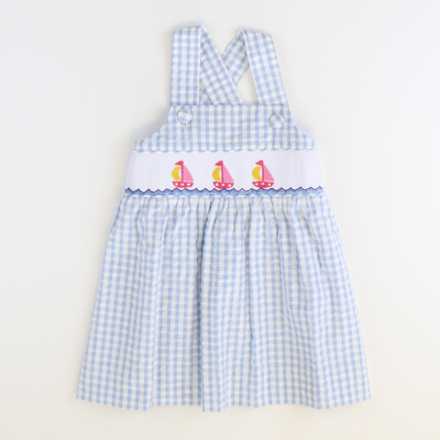 Smocked Sailboats Dress - Light Blue Check Seersucker - Stellybelly