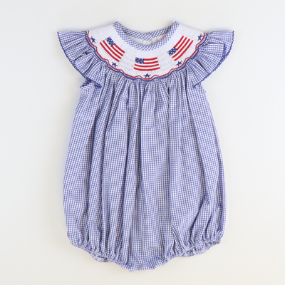 Smocked Flags Girl Bubble - Royal Blue Check - Stellybelly