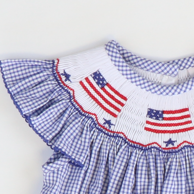 Smocked Flags Girl Bubble - Royal Blue Check - Stellybelly