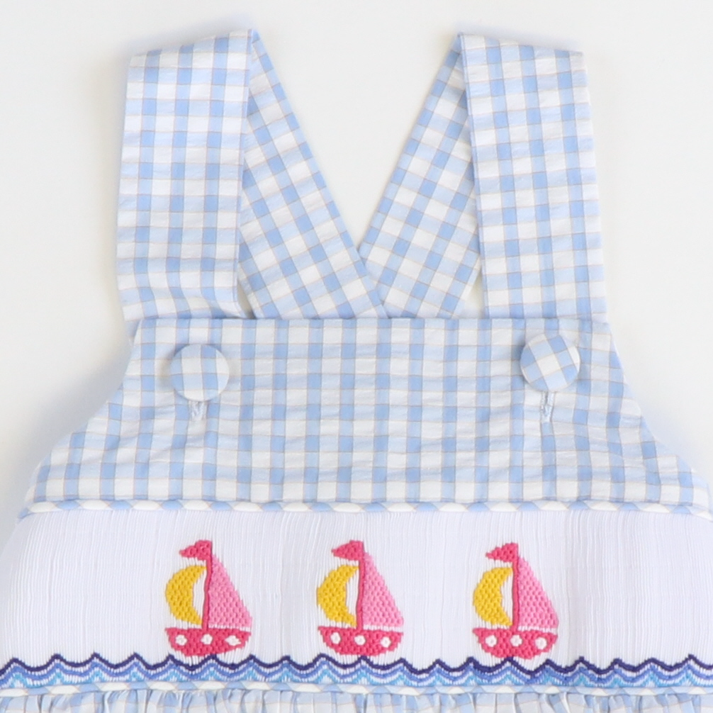 Smocked Sailboats Dress - Light Blue Check Seersucker - Stellybelly