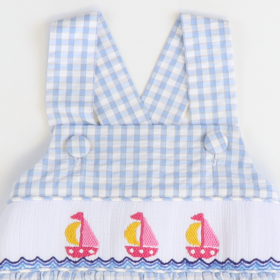 Smocked Sailboats Dress - Light Blue Check Seersucker - Stellybelly